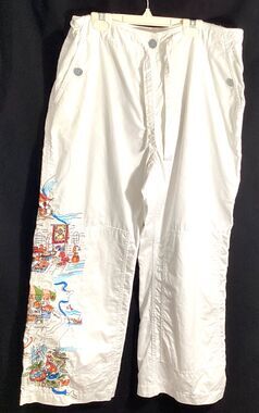 Vintage Chico's White Embroidered Cropped Capris Pants Cotton Drawstring Boho
